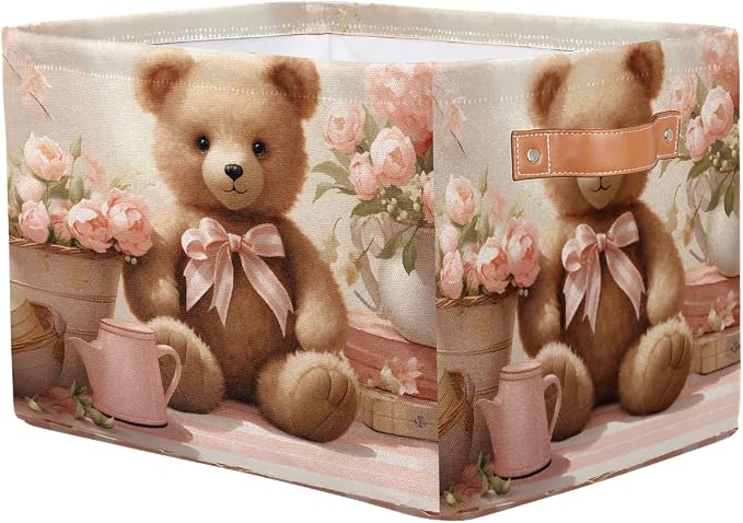 Rectangle Storage Baskets for Shelves, Bear And Roses Storage Cube Organizer Bins Collapsible Toy Basket for Nursery Home Room