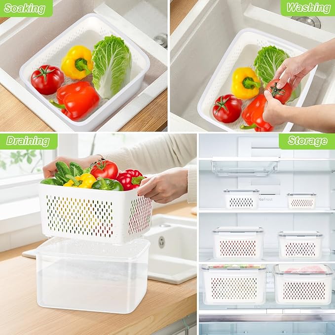 12 Pieces Fruit Storage Containers For Fridge, 6 Pack BPA-Free Fresh Food Containers with Removable Colanders and Airtight Lids, Fresh for Fruit Berry Produce Vegetable, Dishwasher & Microwave Safe