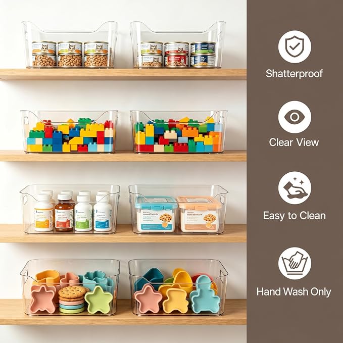 Hudgan 8 Pack Clear Pantry Organizer Bins for Kitchen, Clear Plastic Storage Bins for Bathroom, Pantry Organizer Containers for Home Edit, Drawer, Under Sink, Fridge