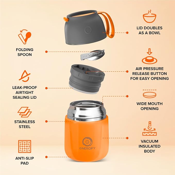 ENERGIFY Vacuum Insulated Food Jar. Large 17oz Bowl incl. Folding Spoon, Cup. Wide Mouth Keep Hot & Cold Drinks Soup Lunch Container for Adults. BPA-Free Stainless Steel, Leak Proof Orange