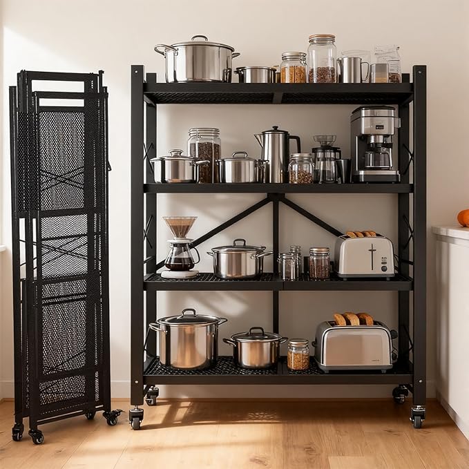 2 Pack 4 Tier Folding Storage Shelves, Heavy Duty Garage Shelving Unit, Adjustable Metal Standing Storage Rack Shelf, No Assembly Wire Shelving Organizer with Wheels for Kitchen Pantry Warehouse