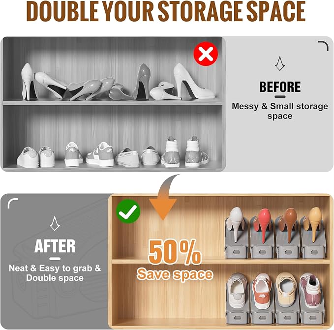 Neprock Shoe Slots Organizer, 20 Pack Adjustable Shoe Rack Stacker Storage Space Saver, Double Deck Shoe Rack Holder for Closet Organization (Grey)