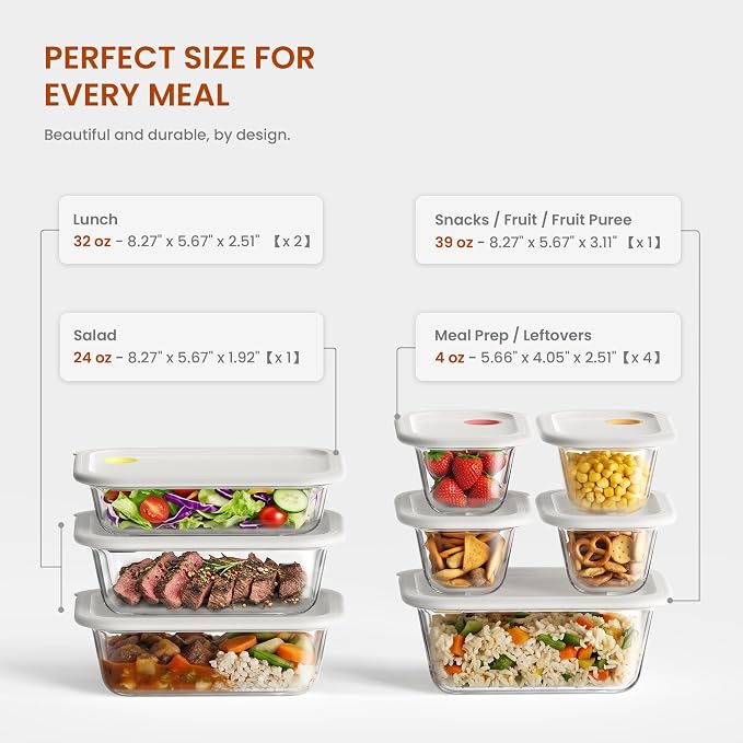8 Glass Food Storage Containers with Click-Together Lids, Stackable Meal Prep Food Container Set, 4 Sizes Modular Glass Storage for Snacks, Sandwiches, Overnight Oats, Leftovers & Fridge Organization