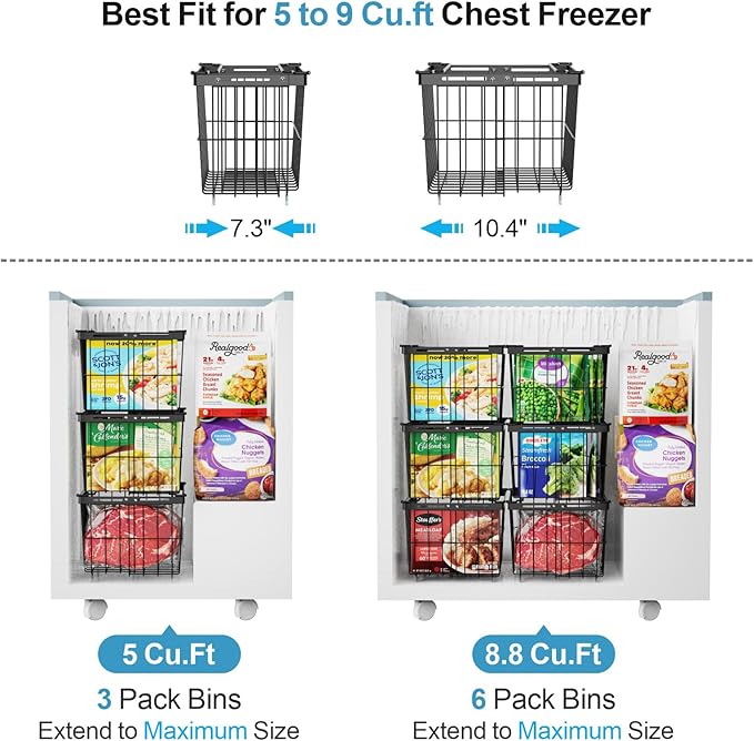 iSPECLE Freezer Organizer Bins - 3 Pack Adjustable Width for 5 to 7 Cu.Ft Chest Freezers, Stackable Freezer Wire Storage Baskets for Deep Freezer Organization, Assembly Required, Black