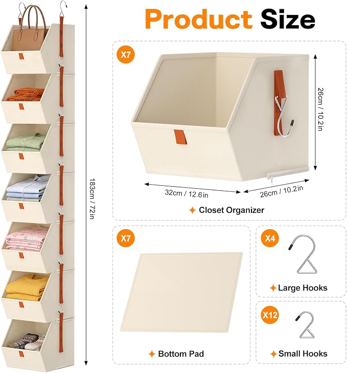 7 Tier Hanging Closet Organizer, Collapsible Fabric Hanging Shelves for Closet with Detachable Bins Space-Saving Hanging Clothes Organizer for Wardrobe, Laundry Room, Dorm, Rv, Beige