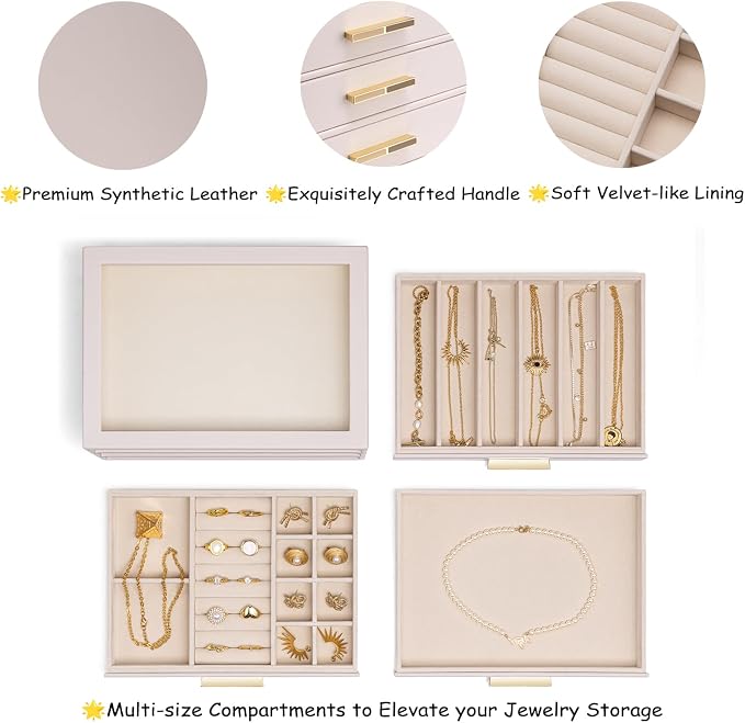 VLANDO 3-Drawer Jewelry Box with Glass Lid, Faux Leather Organizer for Rings Earrings Necklaces and More, Gift-Ready Jewelry Case for Women Girls or Moms, Pink Beige