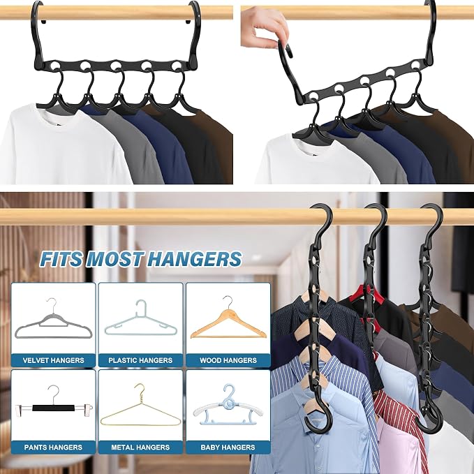 24 Pack Hangers Space Saving Magic Plastic Hanger Organizer Shirt Space Saving Hangers, Multi Clothes Hangers Space Saver for Closet Organizers Storage College Dorm Room Essentials, Dark Black