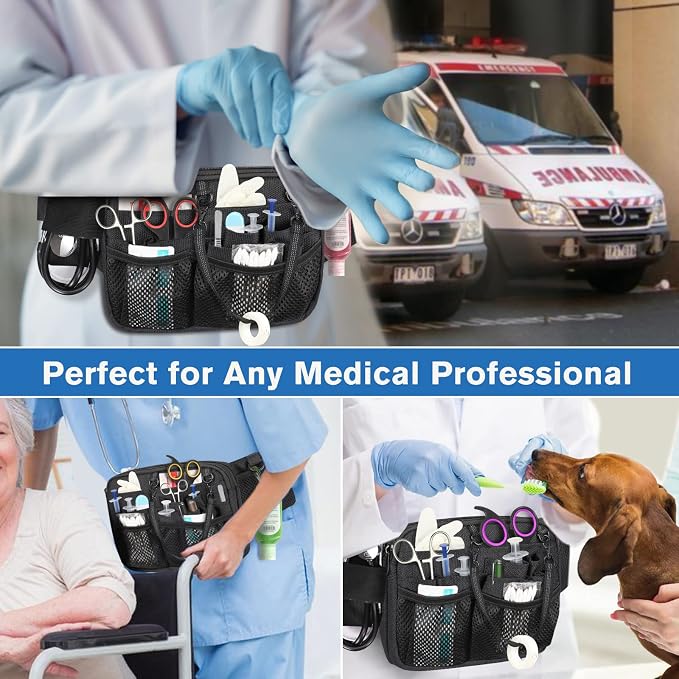 SITHON Nurse Fanny Pack with Tape Holder, Multi Compartment Medical Gear Pocket Nursing Organizer Belt Bag, Apron Hip Bag Utility Waist Pack for Stethoscopes Bandage Scissors Medical Supplies (Black)