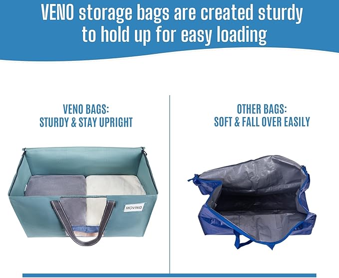 VENO 2 Pack Heavy Duty Moving Bags, Clothes and Comforter Storage Bags with Clear Window, College Dorm Essentials Packing Supplies, Foldable Boxes Alternative (Shiny Light Blue, 2 Pack)