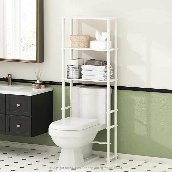 Furinno Turn-N-Tube Over The Toilet Storage, 3-Shelf Over The Toilet Organizer, Freestanding Space Saver Bathroom Shelf, for Bathroom Organizers and Storage, Plain White