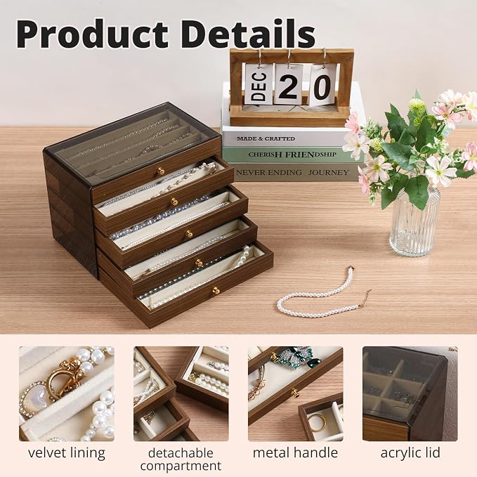 CLUQMEIK 5 Layer Necklace Jewelry Box, Vintage Wooden Jewelry Box with Acrylic Cover Stackable Necklace Storage Organizer for Women and Girls to Storing Necklaces