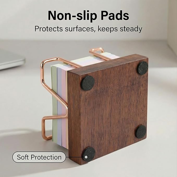 Wood Sticky Note Holder, 3 x 3 inch Self-Stick Note Memo Pad Holder for Desk, Notepad Dispenser for School Office, Rose Gold