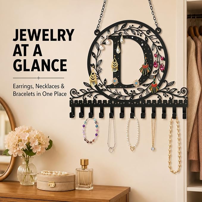 Personalized Wall Mounted Metal Initial Letter D Earring Holder Jewelry Organizer for Earrings and Necklaces Space Saving Wall Display with Hooks Jewelry Storage Bedroom Vanity Gift for Women