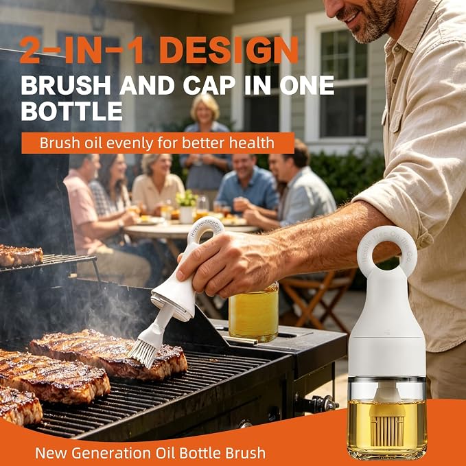 MMJ Portable High Borosilicate Glass Oil Sprayer Brush 150ml（5.07oz）, Outdoor Camping BBQ Accessories, Heat Resistant Silicone Basting Brush for Grilling, Baking, and Cooking