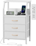 Furnulem Night Stand with Charging Station, 28.3 Inch Tall Bedside Table with PVC Drawers, End Table with USB Ports and Outlets, 3 Fabric Drawer Storage Nightstand for Bedroom, 3 Ways to Use, White | 28.3 Inch Tall Dorm Night Stand with fabric Drawers,...