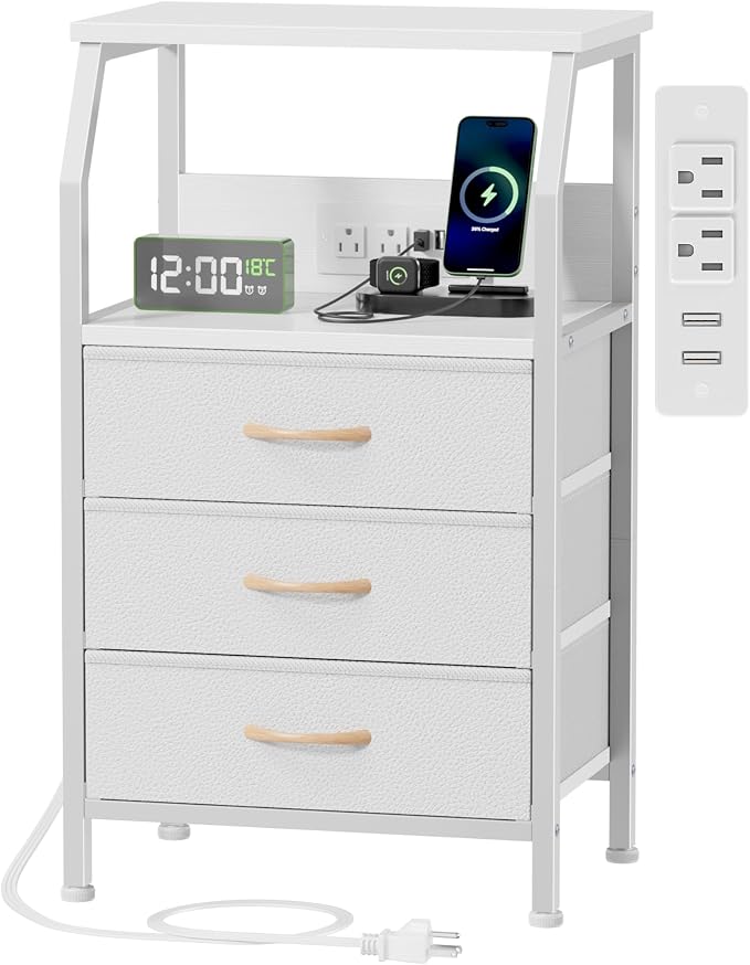Furnulem Night Stand with Charging Station, 28.3 Inch Tall Bedside Table with PVC Drawers, End Table with USB Ports and Outlets, 3 Fabric Drawer Storage Nightstand for Bedroom, 3 Ways to Use, White | 28.3 Inch Tall Dorm Night Stand with fabric Drawers,...