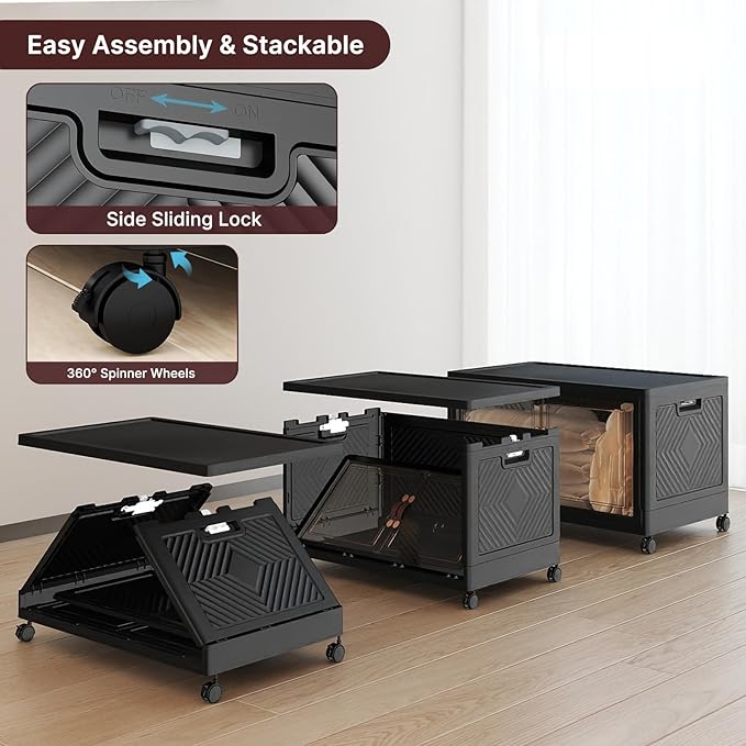 Stackable Storage Bins with Lids, Collapsible Storage Boxes, Foldable Plastic Storage Drawers for Bedroom,Office, Dorm (1, Black, XL)