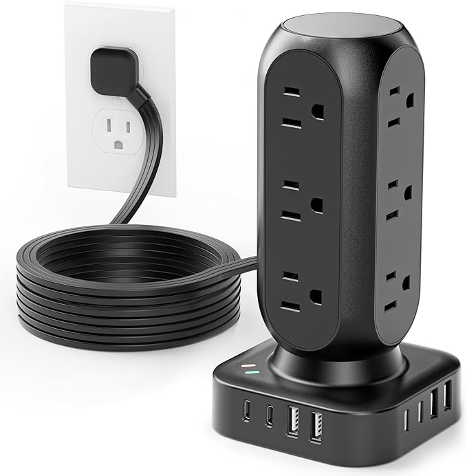 TenTrend Power Strip Tower, 4.8A Fast Charging Tower, 5 FT Extension Cord | 12 AC Outlets & 8 USB Ports (4USB-C), Flat Plug Charging Station for Home, Office, Dorm Room
