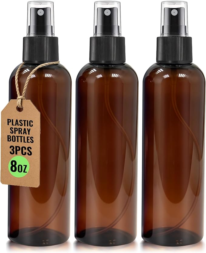3 Packs 8 oz Brown Plastic Spray Bottles, Black Fine Mist Sprayer | Refillable Empty Bottles with Cap, For Essential Oils, Perfumes, Travel, Cleaning Solutions, With Labels & Funnel