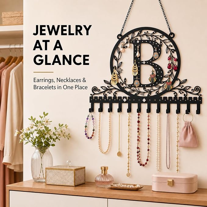 Wall-Mounted Metal Initial Letter B Earring Holder Hanging Jewelry Organizer for Earrings and Necklaces Space-Saving Wall Display with Hooks for Jewelry Storage