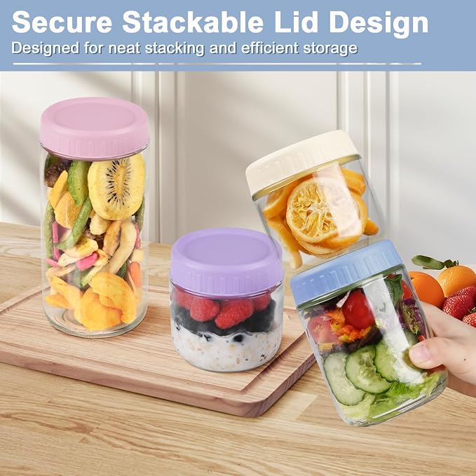 Overnight Oats Containers with Lids, 10 & 16 & 24 oz Wide Mouth Mason Jars with Lids, 3 Pack Glass Jars with Airtight lid for Chia Pudding Yogurt Salad, Meal Prer Oatmeal Jars