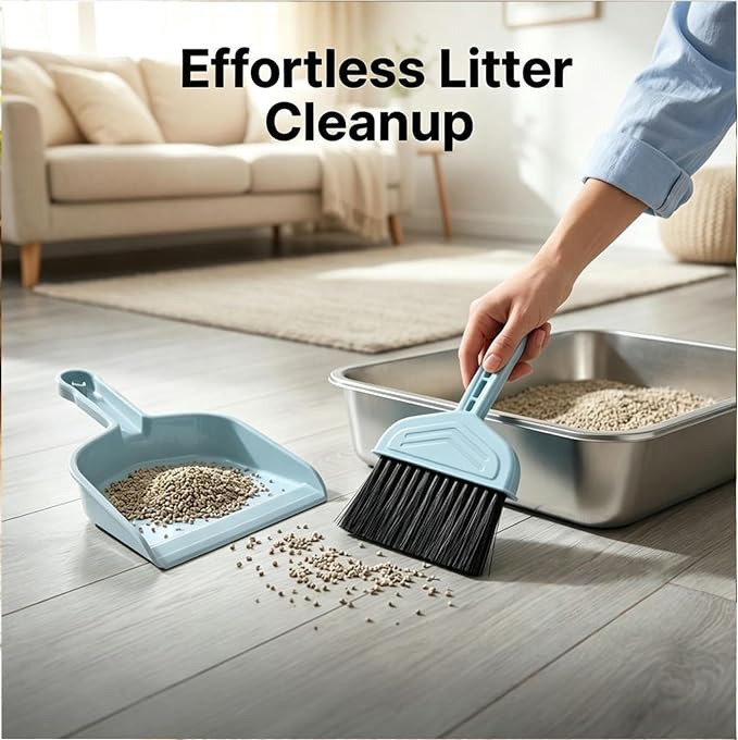 4-in-1 Cat Litter Scoop with Holder, Metal Litter Scoop Includes Portable Small Broom and Dustpan Set, Heavy Duty Stainless Steel Kitty Scooper, Quick Sift and Easy Clean