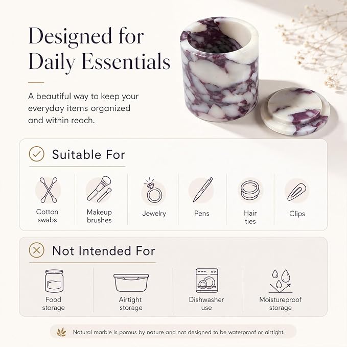 Natural Marble Round Jar with Lid, 4.13 in | A round marble jar that keeps cotton swabs, pads, and hair ties neatly stored with a natural stone accent.