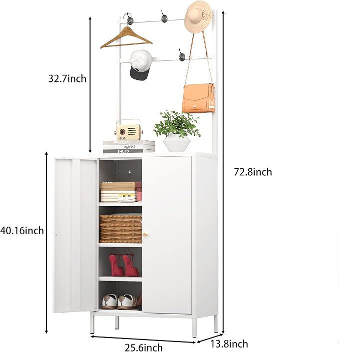 Tall Metal Shoe Cabinet with Coat Rack,Shoe Storage Cabinet with Doors,Hanging Bar,Hooks for Entryway, Hallway, and Living Room,2in1 Hall Tree with 3 Adjustable (Cabinet with Rack, White)
