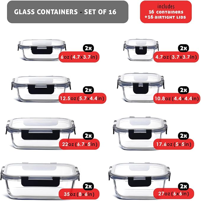 EATEX 32pc Glass Food Storage Containers with Lids, Airtight Glass Meal Prep, 16 Reusable Food Containers with 16 Leakproof Snap Lock Lids Oven Microwave Freezer Safe Lunch Containers