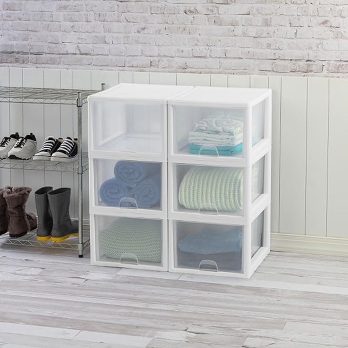 Sterilite 8-Pack 27 Quart Stacking Drawer, Clear Storage Closet Organizer, White Frame - Stackable Modular Plastic Drawers for Clothes, Accessories, Craft Supplies, Shoes or Linens