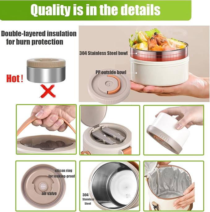 67oz/2L Thermo for Hot Food, 304 Stainless Steel Vacuum Insulated Soup Thermo, Leak-Proof Thermal Lunch Box with 3 Stackable Bento Boxes for Adults Office Travel Camping, Large thermo for hot food