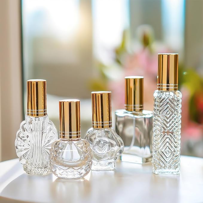 5 Pcs Vintage Glass Empty Perfume Bottles Refillable with Spray | Vintage Empty Perfume Bottles with Fine Mist Spray Refillable Set of 5 for Travel Vanity Home Office Wedding Party Decor