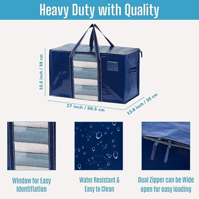 VENO 4 Pack Moving Bags with Clear Window, Heavy Duty Storage Bins with Lid, Around Handles, Tag, Zippers, Extra Large Totes Packing Moving Boxes Supplies for College Dorm Clothes, (Blue, 4 Packs)