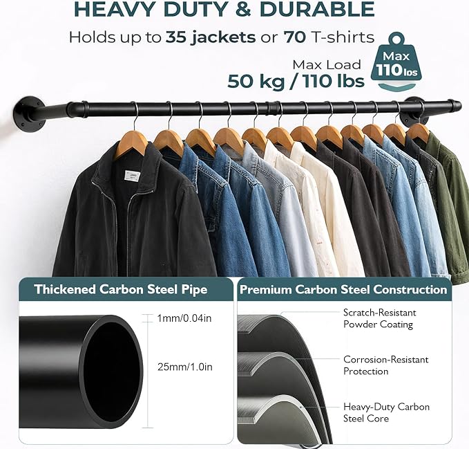 Svyrilk 38.4" Wall Mounted Clothes Rack | Heavy Duty Iron Industrial Pipe Garment Bar, Space-Saving Hanging Rod for Closet, Laundry Room, Bedroom, Black