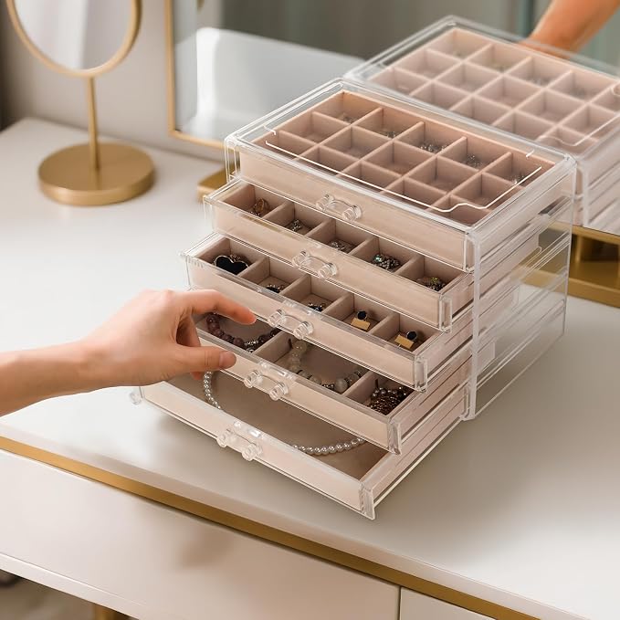 Jewelry Box Organizer,Clear Acrylic Storage Box Organizer with 5 Drawers | Adjustable Velvet Divided Trays Grid Size Design Large Jewelry Storage Box Clear Jewelry Organizer Gift for Women Girls