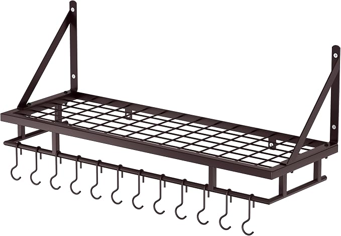KES 30-Inch Wall Pot Rack, Oil Bronze, 88lb Capacity, 12 Hooks, Farmhouse | Cast Iron Pots and Pans Organizer, Reinforced Grid Shelf, Stud Mounting, Indoor Kitchen Organizer