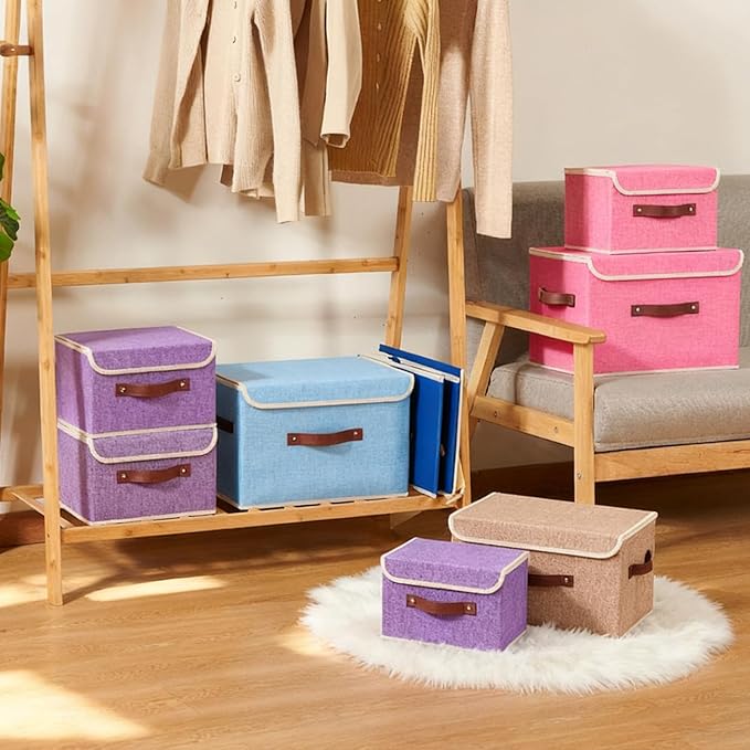 Storage Boxes with Lid Cotton Linen Fabric Storage Bins Organizer Container Decorative Collapsible Washable Shelf Baskets Faux Leather Handles for Home Bedroom Closet (Pink, Small)