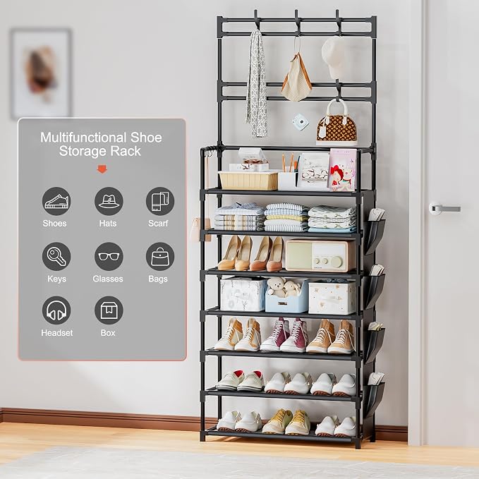 OYREL Shoe Rack 7 Tier Shoe Organizer Storage 21-28 Pairs | Closet Shoes Rack for Front Door Entrance Shoe Rack Organizer with Hooks Side Pocket Entryway Large Capacity Shoe Shelf Tower