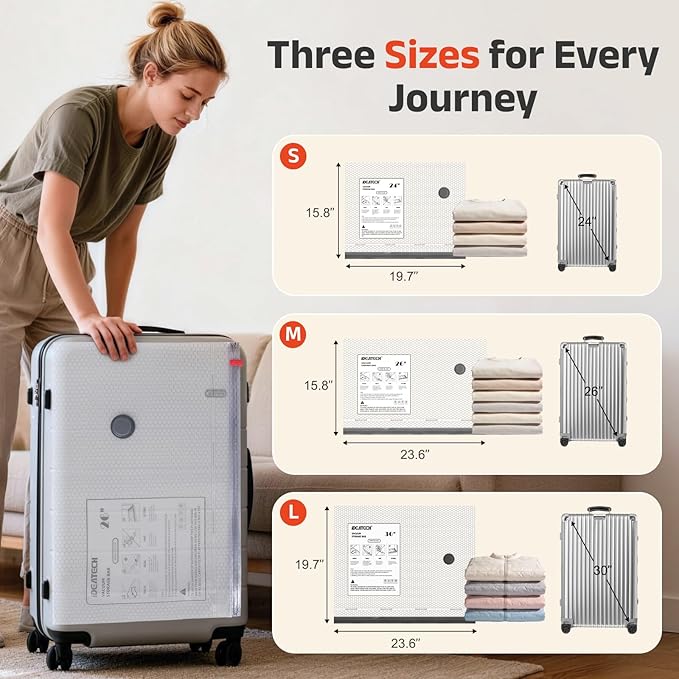 IDEATECH Travel Vacuum Bags with USB Pump, Space Saver Vacuum Seal Bags for Clothes & Luggage, Reusable Compression Packing Bags for Suitcase & Home Storage, Carry-On Travel Pack-3S+3M+3L