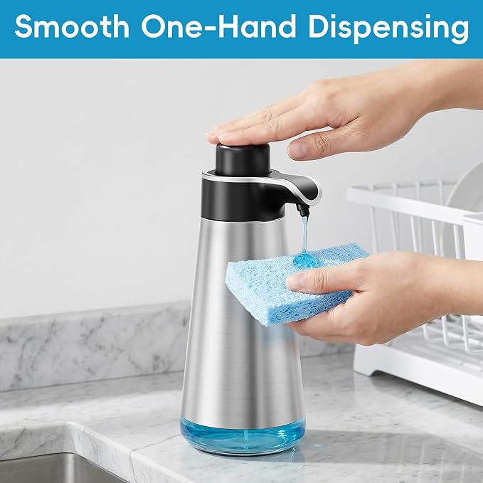 BYUNER Soap Dispenser for Bathroom & Kitchen, 15 fl oz Refillable Soap Dispenser, Brushed Silver Metal Look Countertop Soap Dispenser, Rust-Free Hand Soap & Dish Soap Dispenser