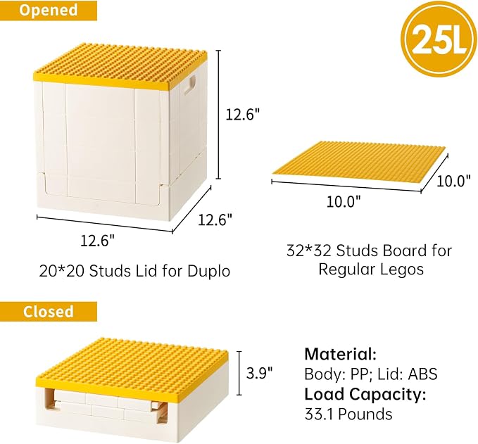 SHIMOYAMA Folding Storage Box with Building Baseplate Lid, 26 Qt. Collapsible Toy Organizer for Duplo Blocks, 25L Bolck Bins for Intermediate Size Mega Bloks, Kids Bricks Storage Box, Yellow