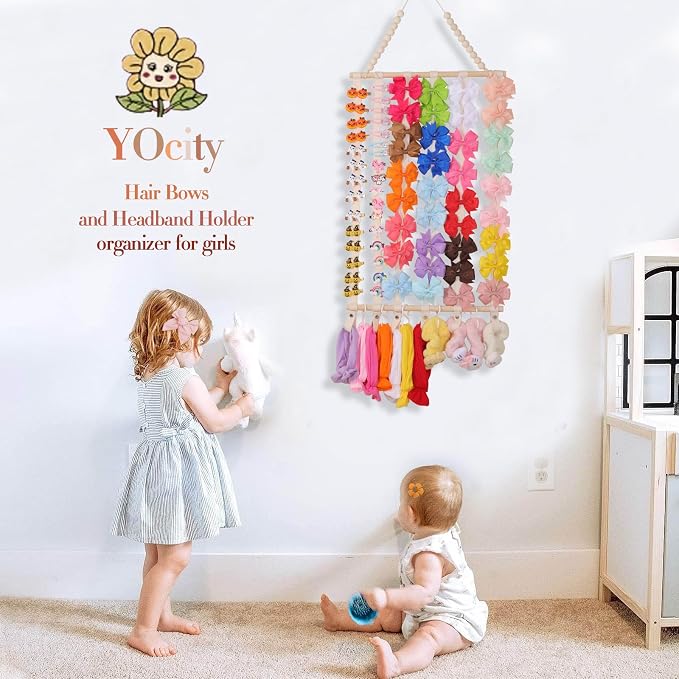 YOcity Bow Organizer for Girls Baby Headband Holder Bow Holder for Kids Hair Accessory Storage Headband Organizer for Girls Wall Room Baby Nursery Decors (Beige)