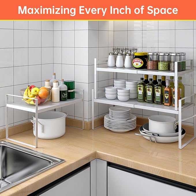 Expandable Cabinet Shelf Organizer Rack，Kitchen Cabinet Shelves 11 Inch Deep，Adjustable Storage Shelves，Pantry Shelf(1 Pack)
