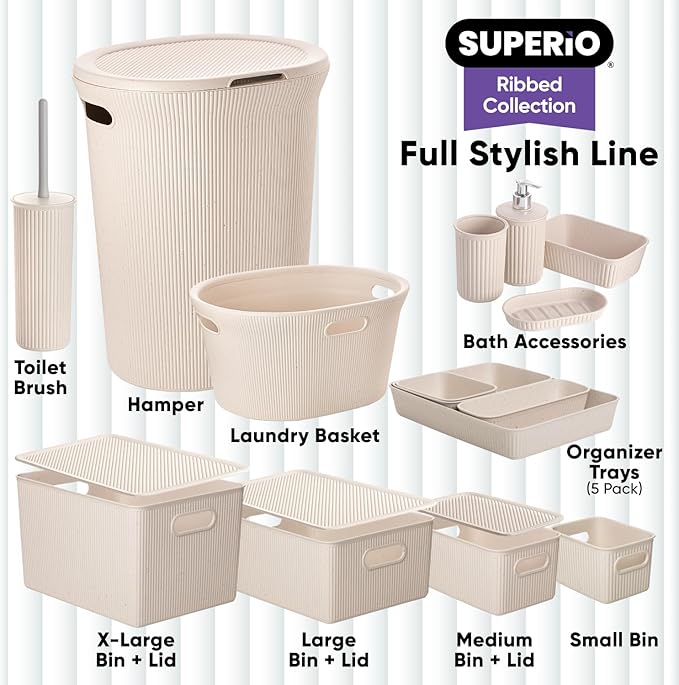 Superio Ribbed Collection - Eco-Friendly Decorative Plastic Basket Open Home Storage Bins Organizer, Medium (1 Pack) Container Boxes for Organizing Closet Storage Bins for Shelves 5 Liter