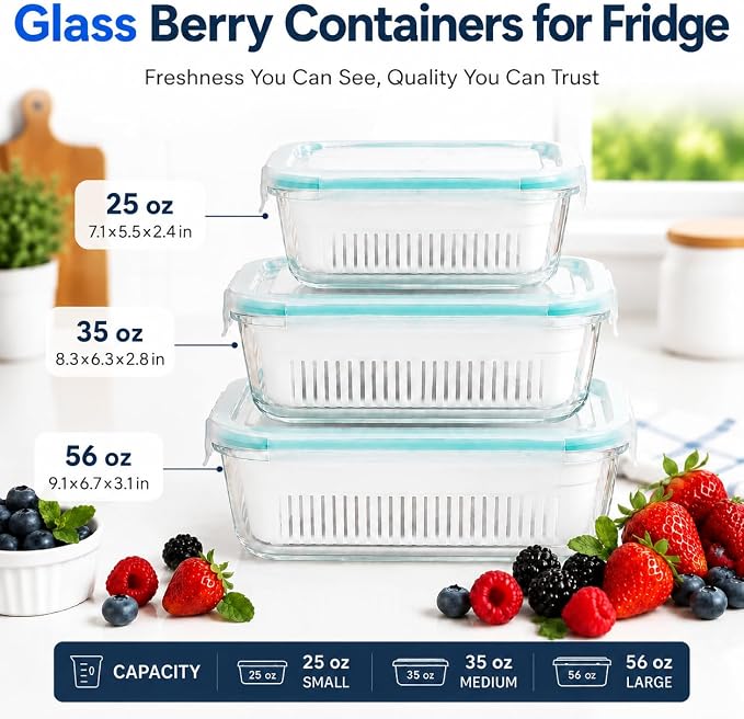 Glass Berry Container for Fridge, 3 Pack, 56oz 35oz 25oz, with Removable Colander and Vent Valve, Fresh Produce Storage Set