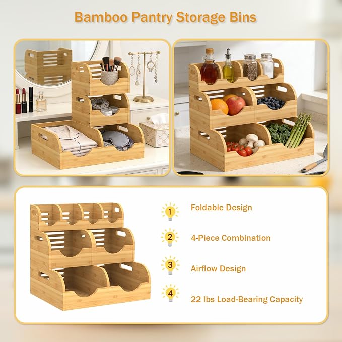 Upgraded 3 Tier Bamboo Pantry Storage Bins,Large potato storage | With 2 Banana Hangers,Stackable Potato and Onion Storage Bin with Airflow Vent,Vegetable Storage,for Kitchen Countertop