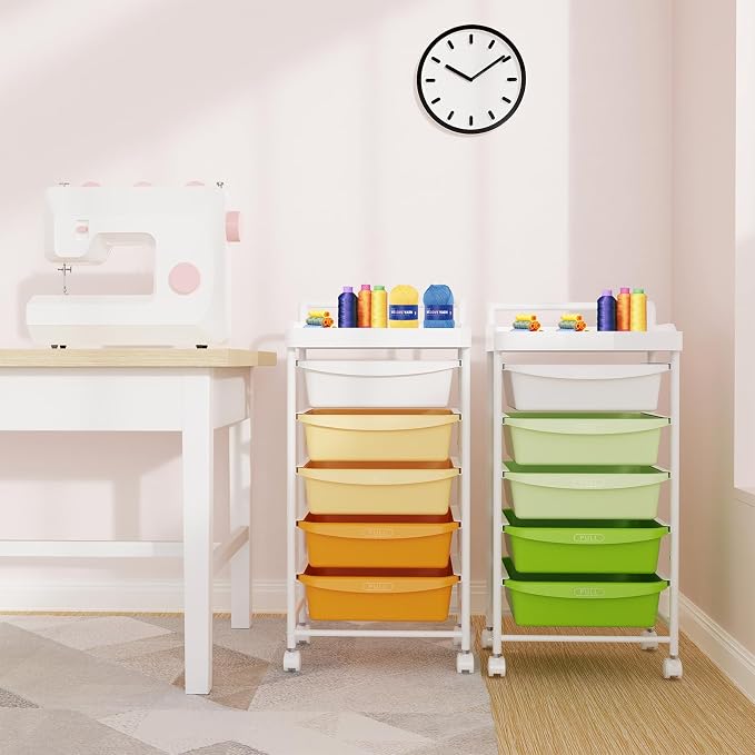 Five Drawer Rolling Cart, Craft Organizers and Storage for Home Office Classroom, Plastic Drawer Storage With Handle, Utility Cart With Removable Drawers for Tools, Toys and craft materials(Green)