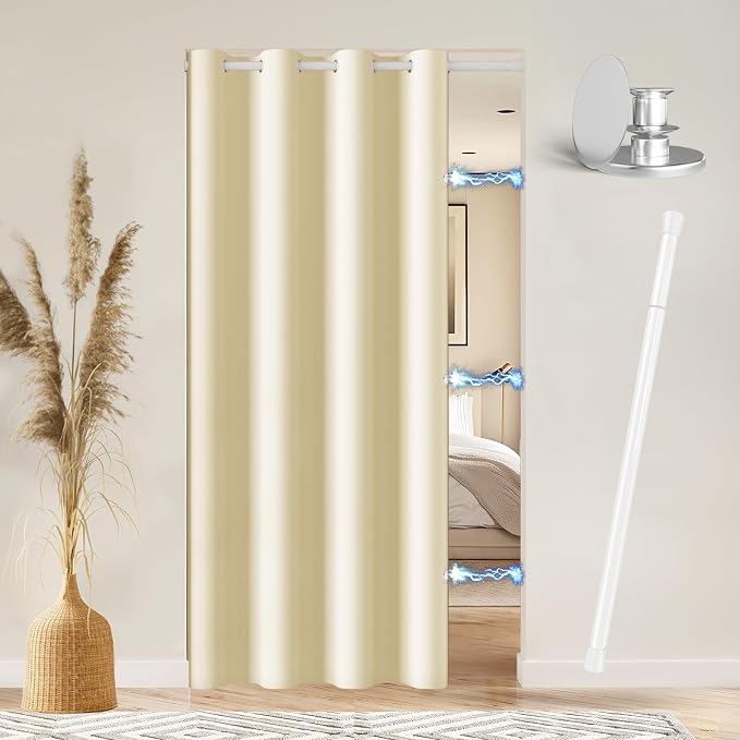 Vatge Magnetic Door Curtain with Rod - W52 x L82, 1 Panel, Light Beige | Door Curtain for Doorways, Room Divider for Living Room