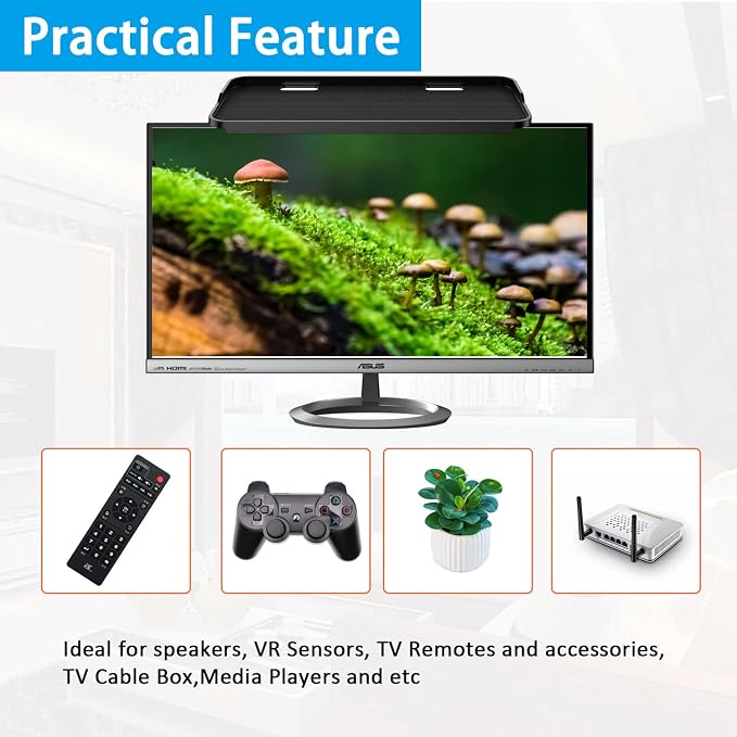 TV Top Screen Shelf Speakers Mount Adjustable Computer Monitor Shelf Storage Bracket Mount Hold Cable Media Box, Game Console, WiFi Router, Plants, Remote Controls, Cellphone Stand, DVD Shelf