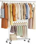 Standard Clothes Rack, Rolling 50“L Clothing Garment Rack with Mesh Shelves on Wheels, Adjustable Portable Wardrobe Rack for Bedroom, Laundry Room, White
